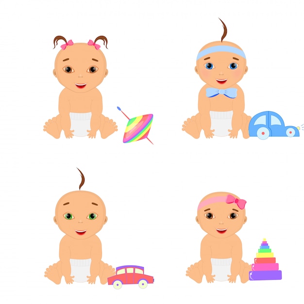 Adorable niña y niño Bebés de dibujos animados jugando con sus juguetes de peluche y herramientas de desarrollo Serie de lindos bebés felices.