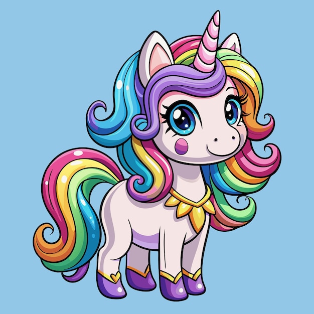 La adorable niña unicornio de dibujos animados con el pelo arco iris arte vectorial
