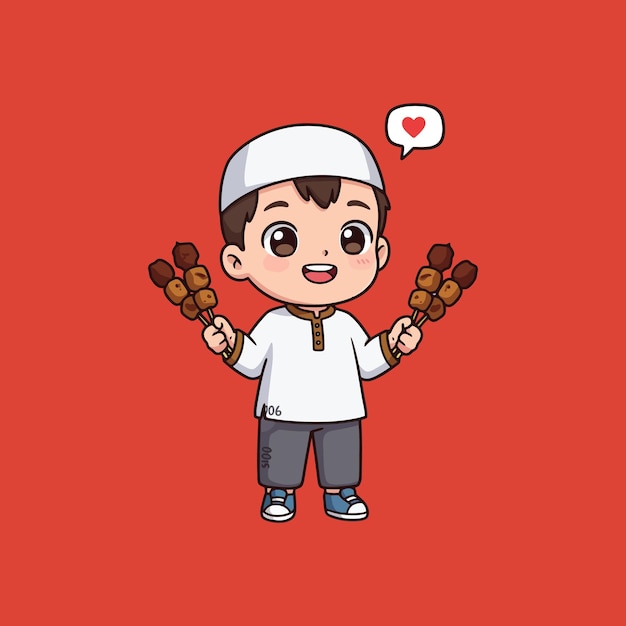 Adorable niño musulmán con alegría sosteniendo a Satay una alegre ilustración de dibujos animados