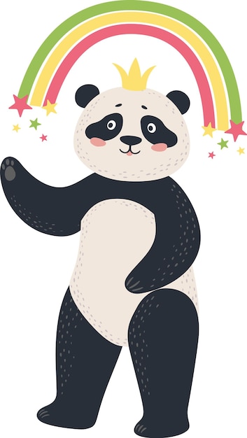 Adorable oso panda con corona dorada agitando la pata de pie bajo un arco iris colorido con estrellas brillantes ilustración vectorial de dibujos animados aislada sobre fondo blanco