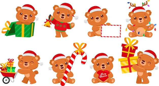El adorable oso de peluche de Navidad es un personaje de dibujos animados de diseño plano vectorial.