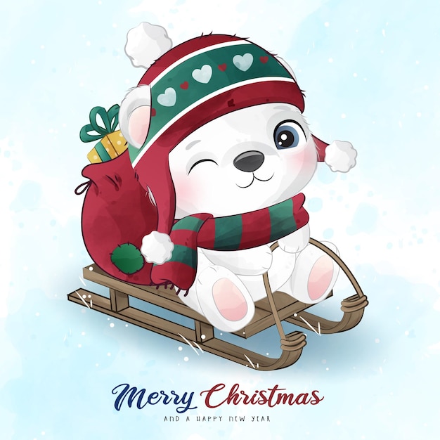 Vector adorable oso polar feliz navidad con ilustración acuarela