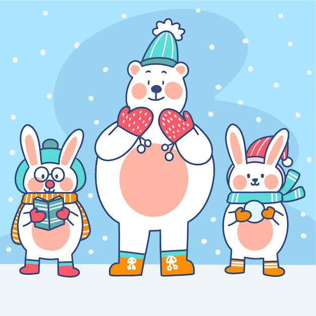 Adorable oso polar en la ilustración de Doodle de nieve