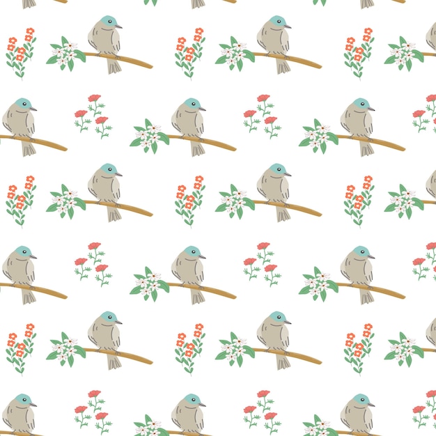 Adorable pájaro con elementos florales y flor ilustración vectorial de patrón sin costuras puede usar para