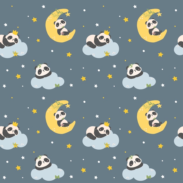 Adorable Panda de dibujos animados durmiendo patrón de arte de la guardería aislado sin costuras sobre un fondo azul oscuro