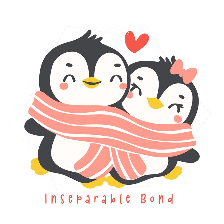 Vector una adorable pareja de pingüinos de san valentín en una caprichosa caricatura dibujada a mano