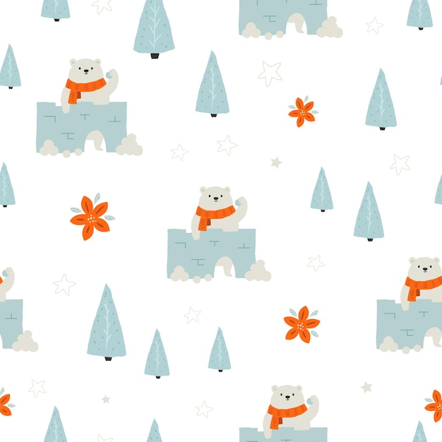 Adorable patrón de Navidad sin costuras con osos polares festivos jugando a la bola de nieve