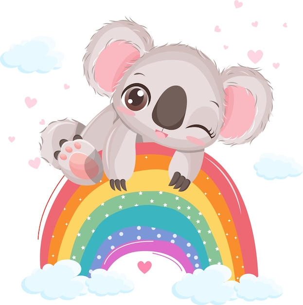 Adorable pequeño koala en un arco iris