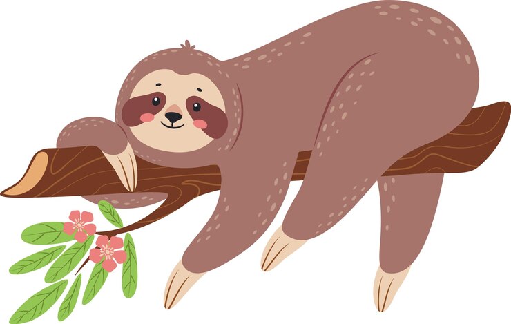 Vector adorable perezoso de dibujos animados colgado al revés en una rama de árbol adornado con flores rosas y hojas verdes que encarna una existencia pacífica en la selva tropical