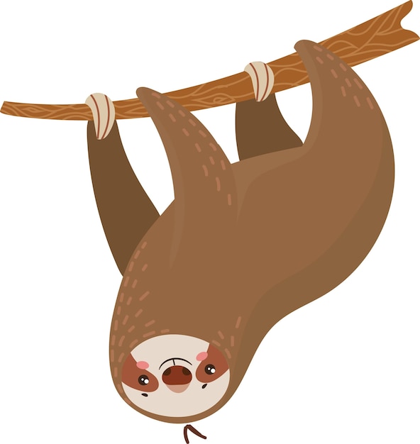 Adorable perezoso de dibujos animados cuelga al revés de una rama de árbol en una postura relajada perfecta para varios usos como logotipos, pegatinas y más
