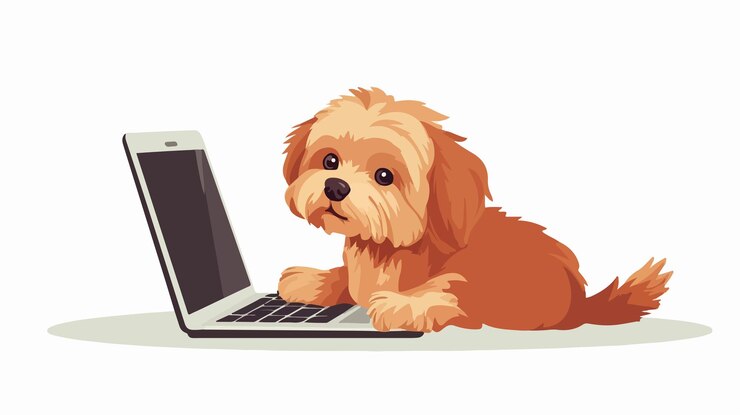 Vector adorable perro pequeño sentado en la computadora portátil en el suelo en ilustración vectorial plana 2d