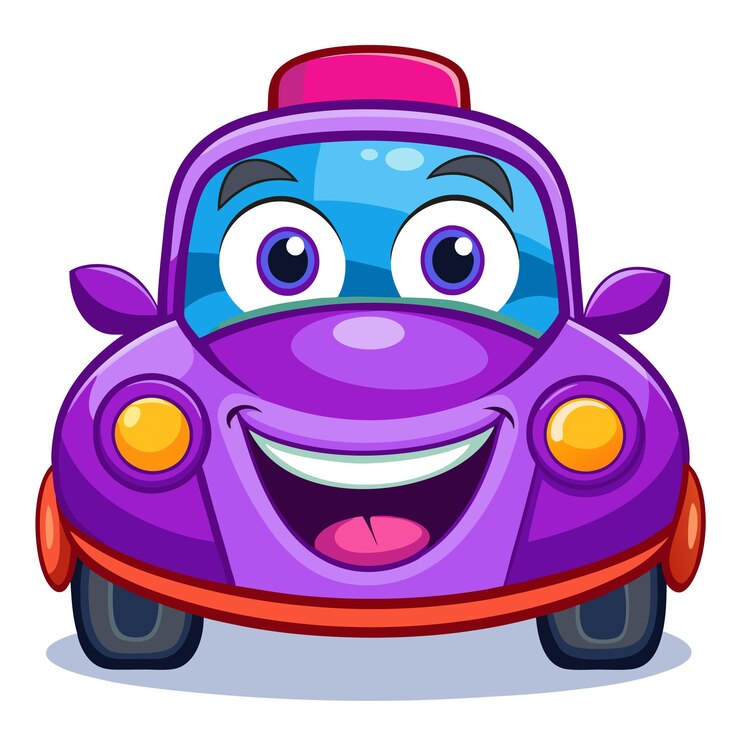Vector adorable personaje de coche azul de estilo dibujos animados con ojos grandes y expresión feliz para niños
