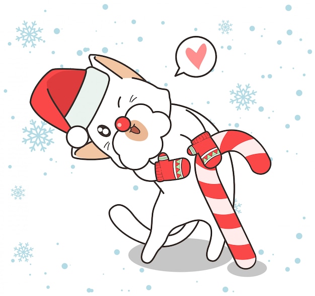 Adorable personaje de gato lleva un sombrero y guantes con un caramelo en el día de Navidad