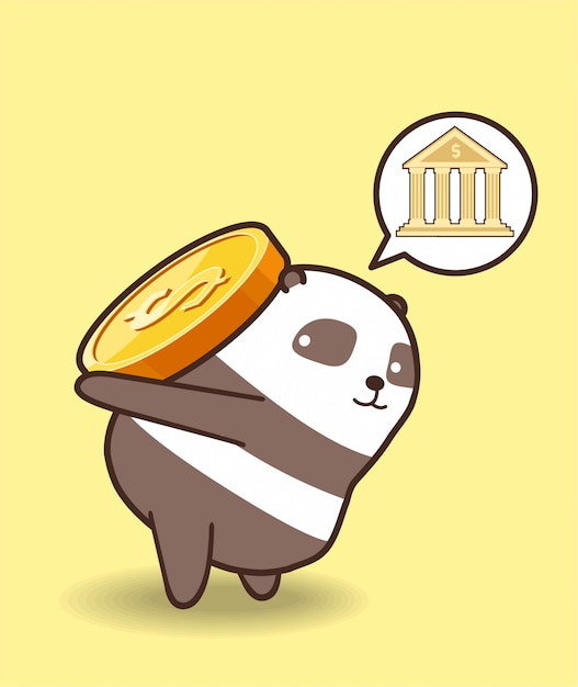 Adorable personaje de panda está levantando una moneda