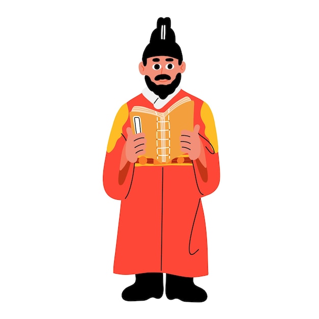 Adorable personaje Rey Sejong Arte vectorial con libro antiguo