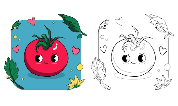Adorable personaje de tomate Kawaii a color y blanco y negro Diseño de páginas para colorear para niños