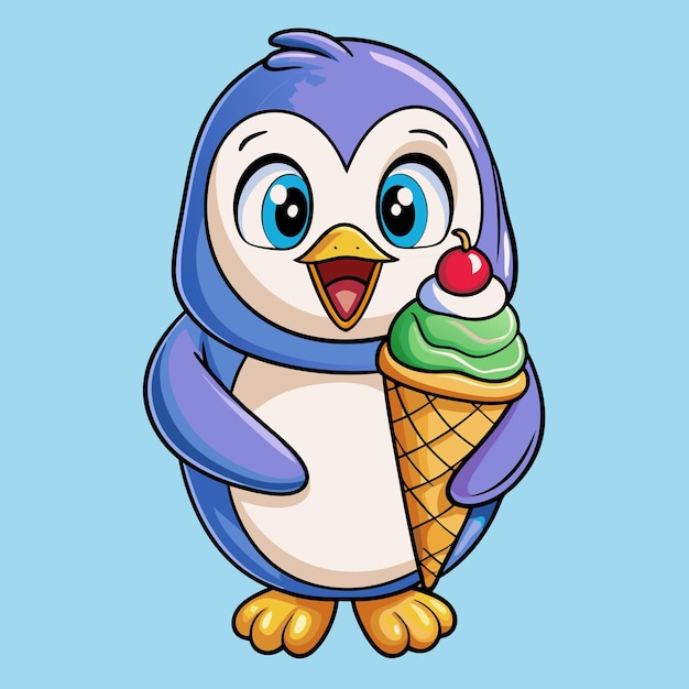 El adorable pingüino con el cono de helado Vector de dibujos animados