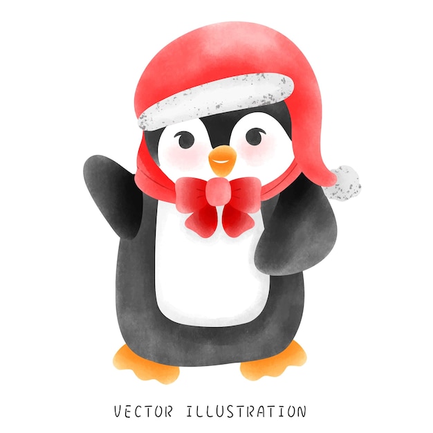 Adorable pingüino de invierno con bufanda roja y sombrero Ilustración caprichosa de Navidad