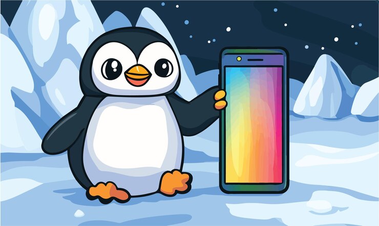 Vector adorable pingüino con teléfono inteligente en la mano