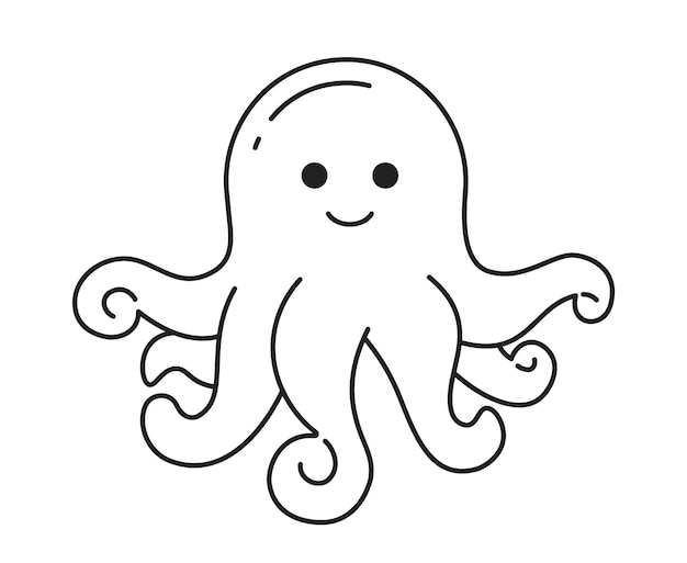 Adorable pulpo bebé con tentáculos rizados carácter vectorial plano monocromático criatura del océano submarino línea delgada editable personaje de cuerpo completo en blanco imagen de punto de dibujos animados simple bw para diseño web