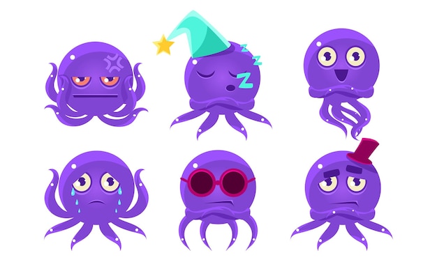 El adorable pulpo púrpura brillante es un juego de personajes, una divertida criatura marina, un emoticon, una ilustración vectorial.