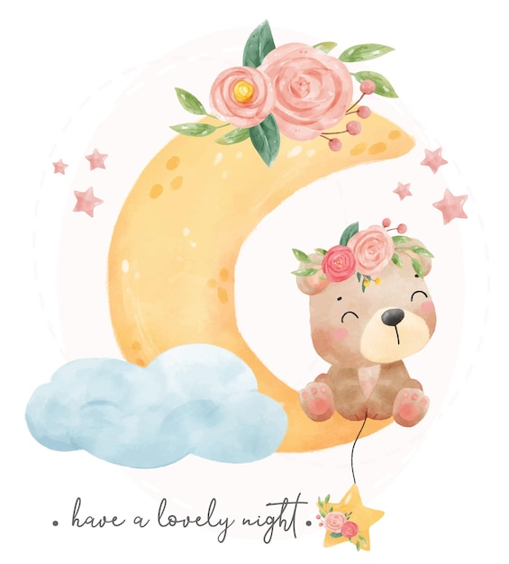Adorable sonrisa feliz bebé oso de peluche sentado en dulce media luna floral y cielo de nubes dulce nightnursery animal dibujos animados dibujados a mano vector acuarela