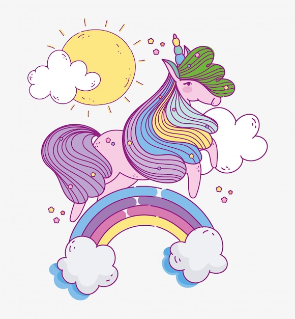 Adorable unicornio en arcoiris sueño fantasía magia dibujos animados