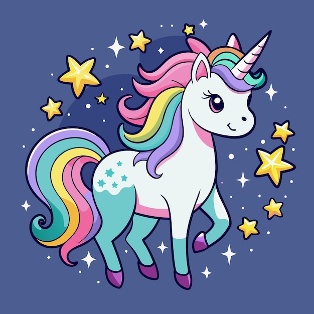 Adorable Unicornio de dibujos animados con estrellas brillantes y atmósfera mágica