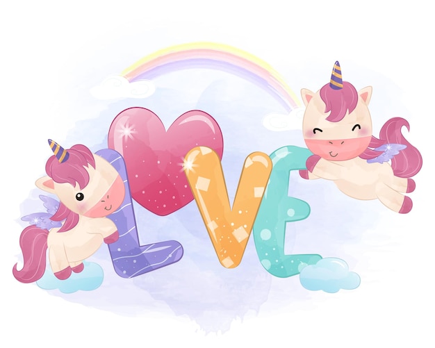 Adorable unicornio en ilustración acuarela