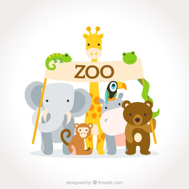 Vector adorables animales salvajes planos con un cartel de zoo