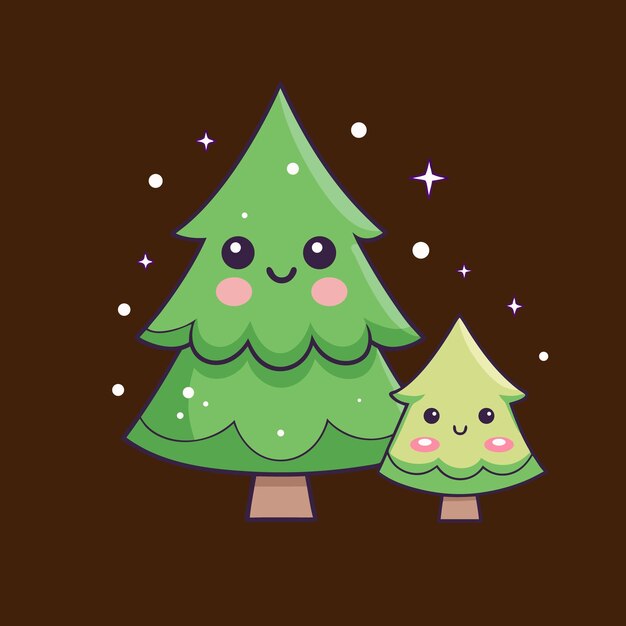 Adorables árboles de Navidad de dibujos animados con copos de nieve para diseños navideños