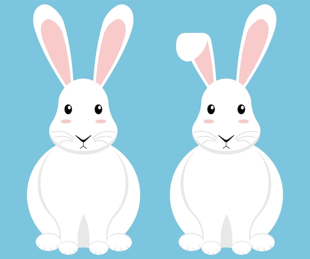 Adorables conejos de dibujos animados con orejas rosadas en un fondo azul brillante