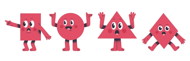 Vector adorables formas geométricas rectángulo cómico círculo rombo y formas triángulo personajes geométricos con emociones divertidas conjunto de ilustraciones vectoriales planas formas geométrica cómica