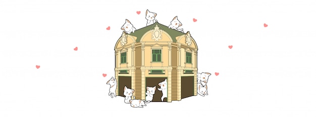 Adorables gatos con edificio histórico