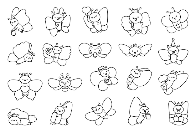 Adorables mariposas bebé kawaii página para colorear insectos de dibujos animados con alas