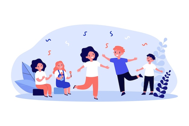 Adorables niños de dibujos animados bailando. Niña tocando maracas, niño cantando, niño aplaudiendo ilustración vectorial plana. Entretenimiento, rendimiento, concepto musical para banner, diseño de sitio web o página web de destino