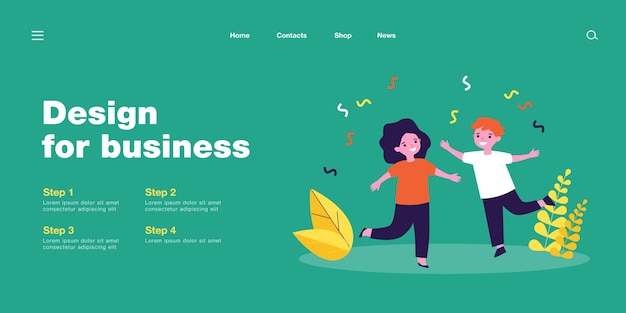Adorables niños de dibujos animados bailando. Niña tocando maracas, niño cantando, niño aplaudiendo ilustración vectorial plana. Entretenimiento, rendimiento, concepto musical para banner, diseño de sitio web o página web de destino