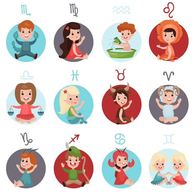 Adorables niños pequeños con trajes de signos del zodiaco establecidos, doce lindos símbolos del zodiaco ilustraciones de dibujos animados