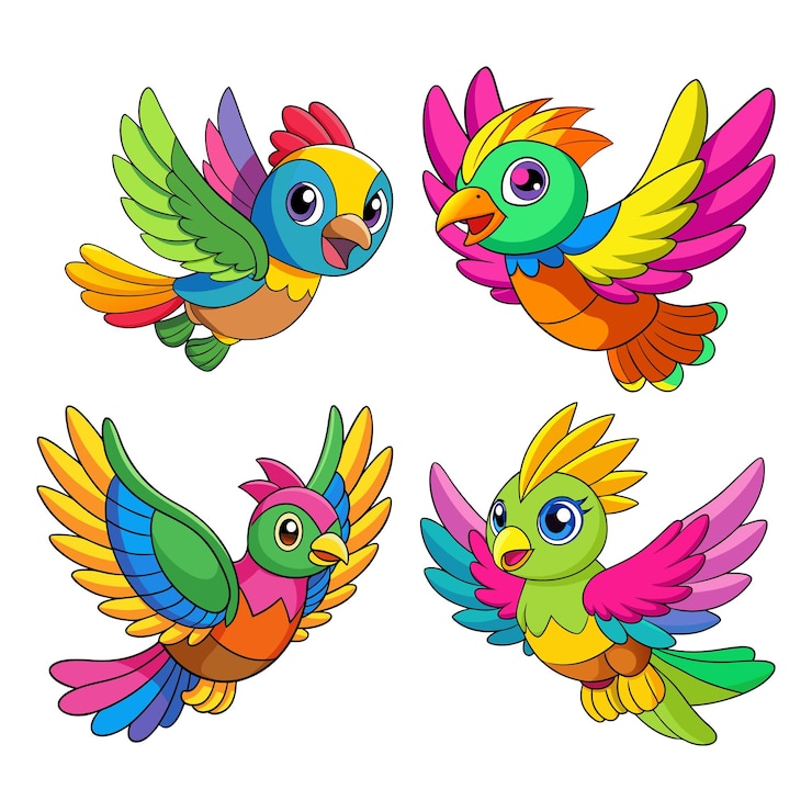 Vector adorables pájaros voladores al estilo de los dibujos animados