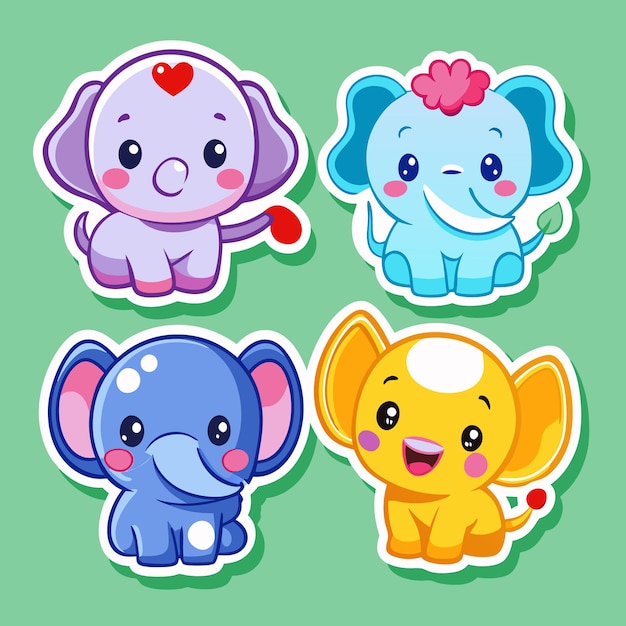 Adorables pegatinas de dibujos animados de elefantes lindos y coloridos