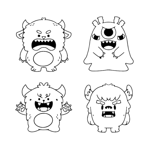 Adorables pequeños monstruos para colorear página 1 doodle ilustración