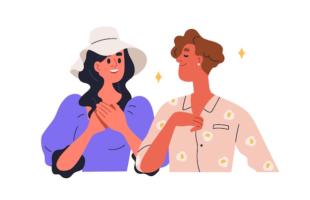 Adoración concepto de admiración mujer encantada mirando al hombre estrella con alegría amorosa admirador fan feliz adorando admirando ídolo ilustración vectorial gráfica plana aislada sobre fondo blanco