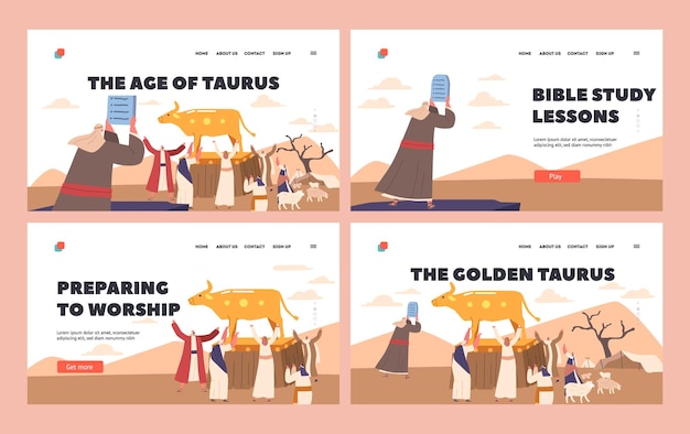 Vector adoración a golden taurus landing page template set carácter de moisés mantenga diez mandamientos ilustración vectorial de dibujos animados