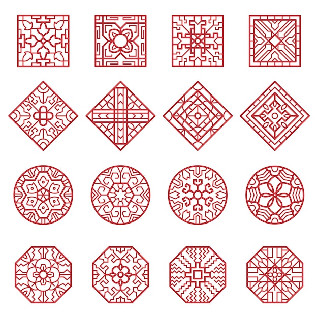 Adorno coreano. círculos y cuadrados de textura geométrica asiática tradicional vector colección de diseños auténticos. decoración geométrica china, patrón de ilustración de textura coreana