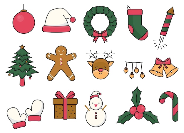 Adorno de decoración navideña colección de adornos navideños coloridos en diseño de estilo dibujado a mano