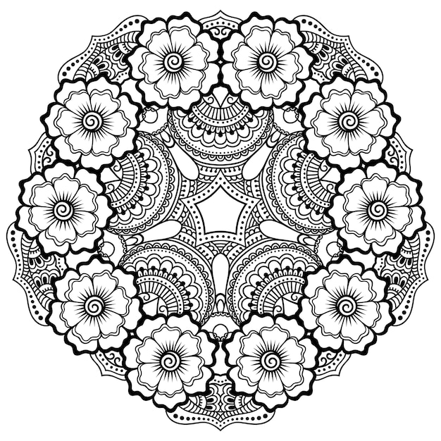 Adorno decorativo circular en estilo étnico oriental, en forma de mandala con decoración floral. Esquema doodle mano dibujar ilustración.