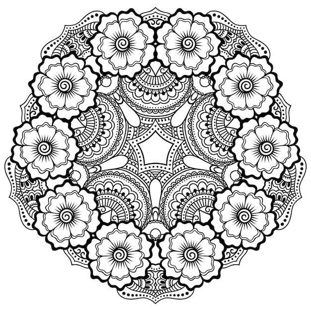 Adorno decorativo circular en estilo étnico oriental, en forma de mandala con decoración floral. esquema doodle mano dibujar ilustración.