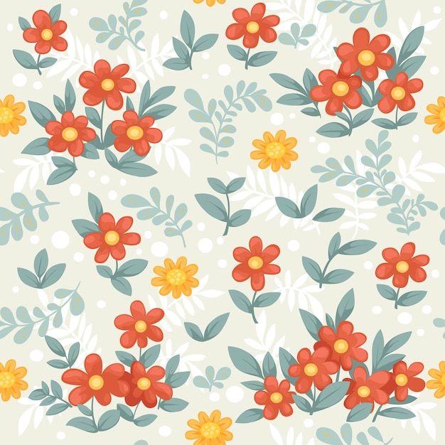 Adorno decorativo sin costuras de hermosas flores rojas y amarillas sobre un fondo beige