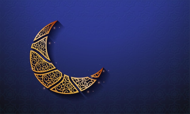 Adorno dorado luna creciente con efecto de luces y espacio de copia sobre fondo de patrón islámico azul para el concepto de festival islámico
