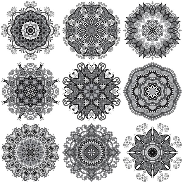Adorno de encaje de círculo gris patrón de tapete geométrico ornamental redondo